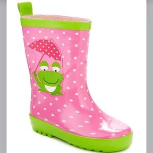Wippette Rain Boots Frog Pink & Green With White Polka Dots Sugar Plum Girls NWT